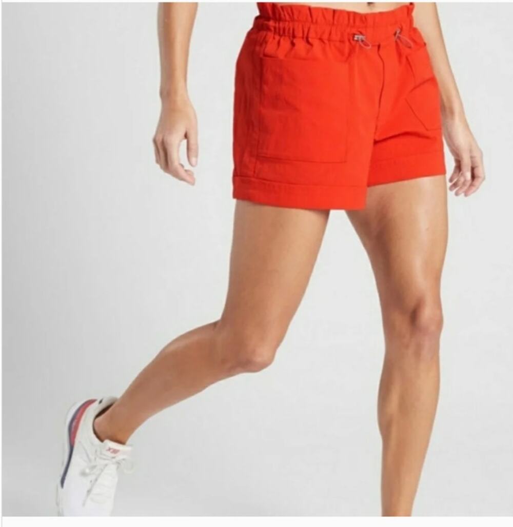 Athleta Trekkie Paper Bag Shorts Women 16 Orange Red Lightweight Outdoor Hiking